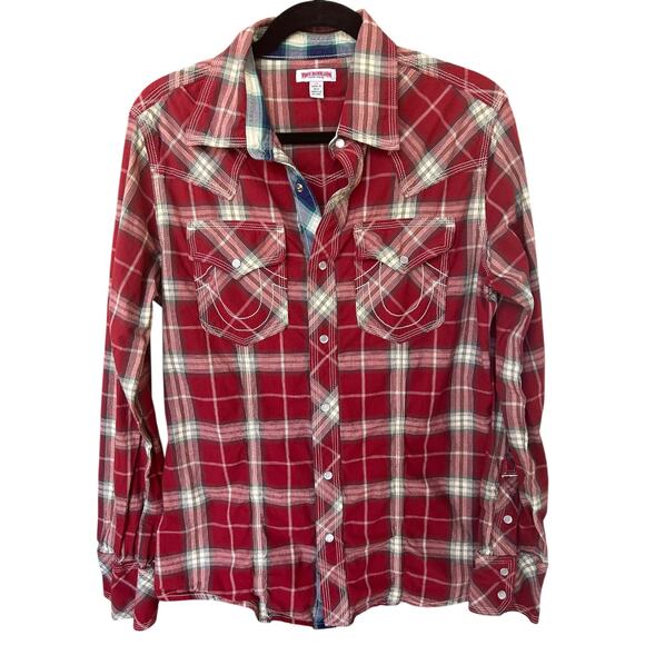 True Religion Men's Red Plaid Western Pearl Snap Long Sleeve Shirt Size Large - Picture 1 of 5